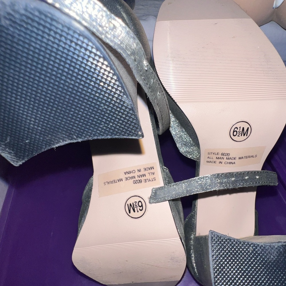 Silver mid heel strap shoes